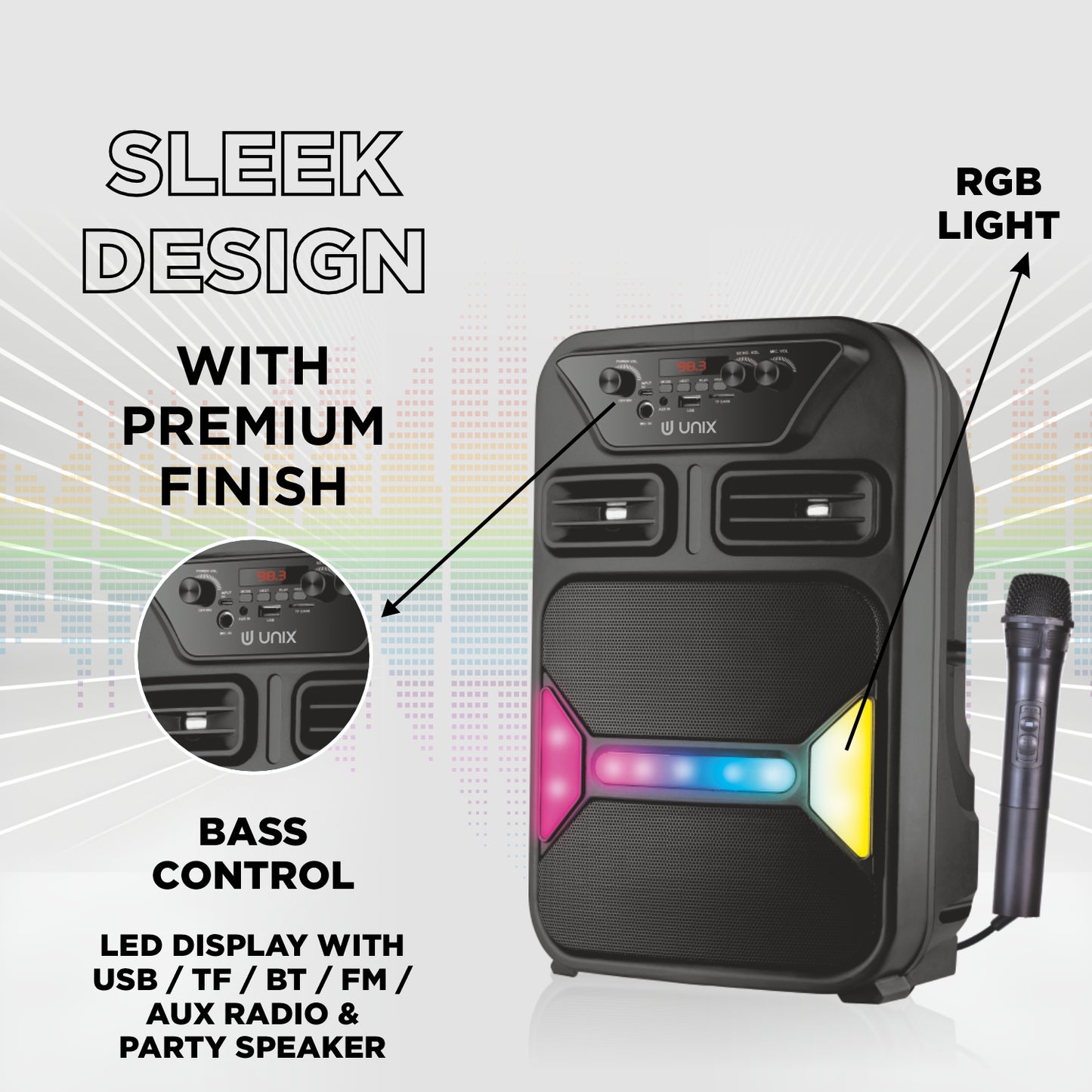Unix Step Up 60W Wireless Party Speaker with Mic, RGB Lights, FM Radio & Deep Bass