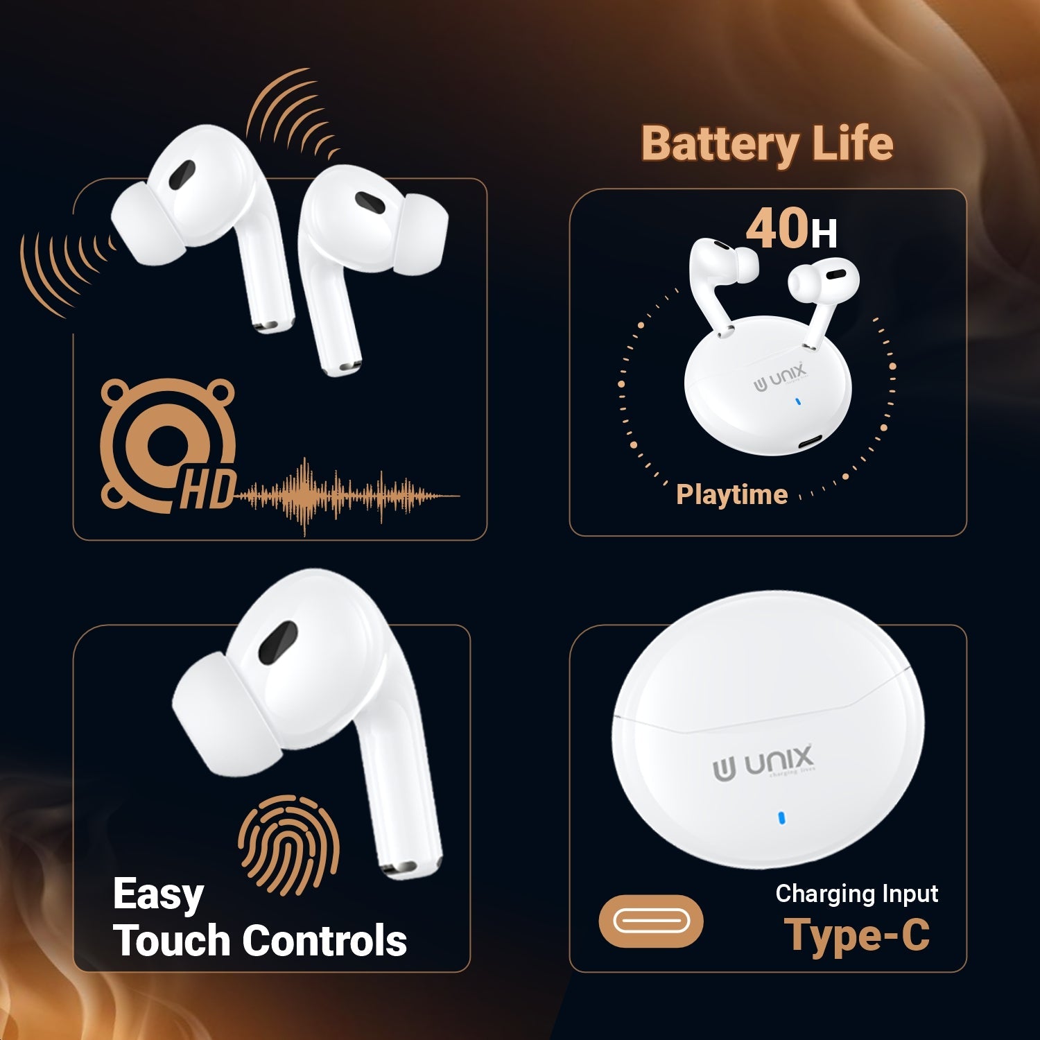 UNIX UX-HP10 Tango Compact TWS Earbuds – 40 Hours Playtime, Precise Bass & Touch Controls