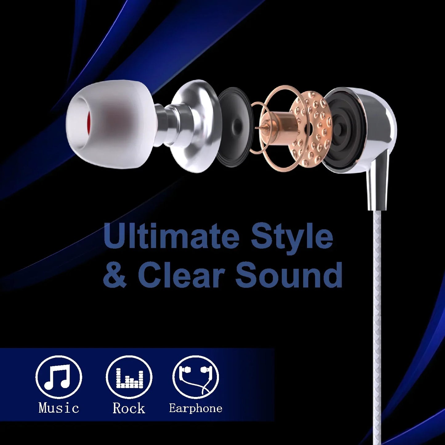 Close-up of earbuds with a dark background and text 'Ultimate Style & Clear Sound'.