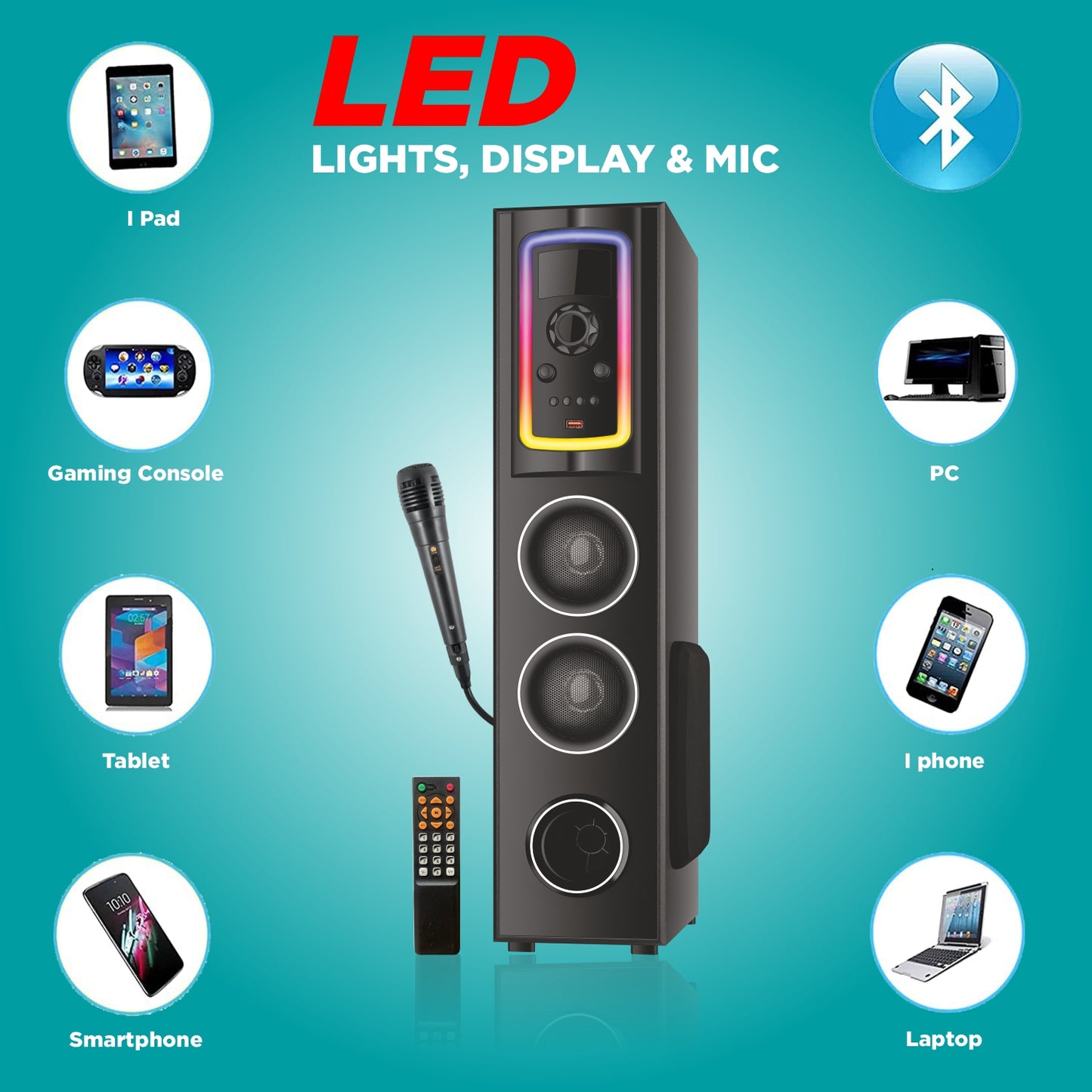 Unix Drake 60W Wireless Party Speaker – RGB Lights, Bass Control & Mic Support