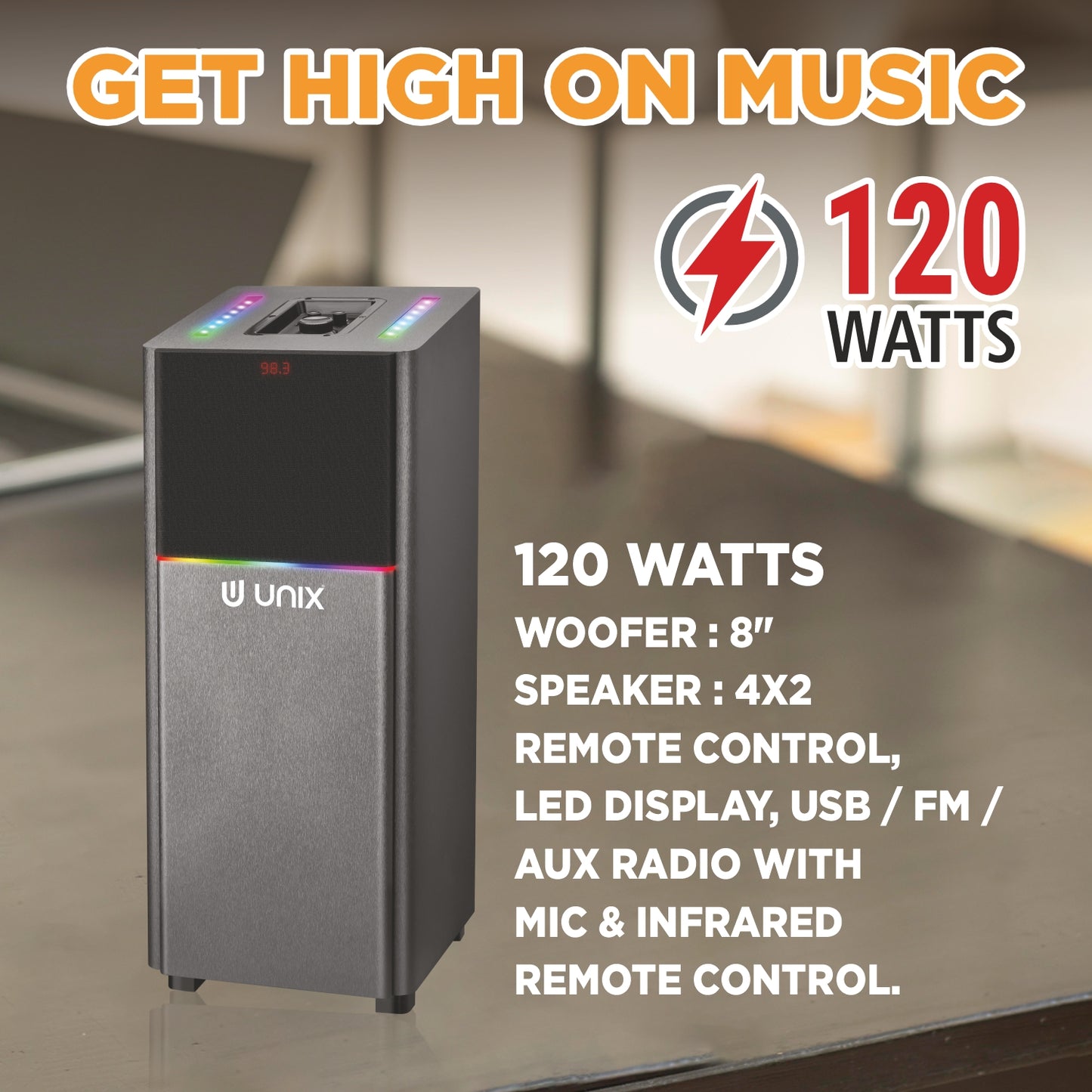 UNIX Meta 120W Super Bass Party Speaker with 8” Woofer, Wireless Mic, LED Display & Remote Control