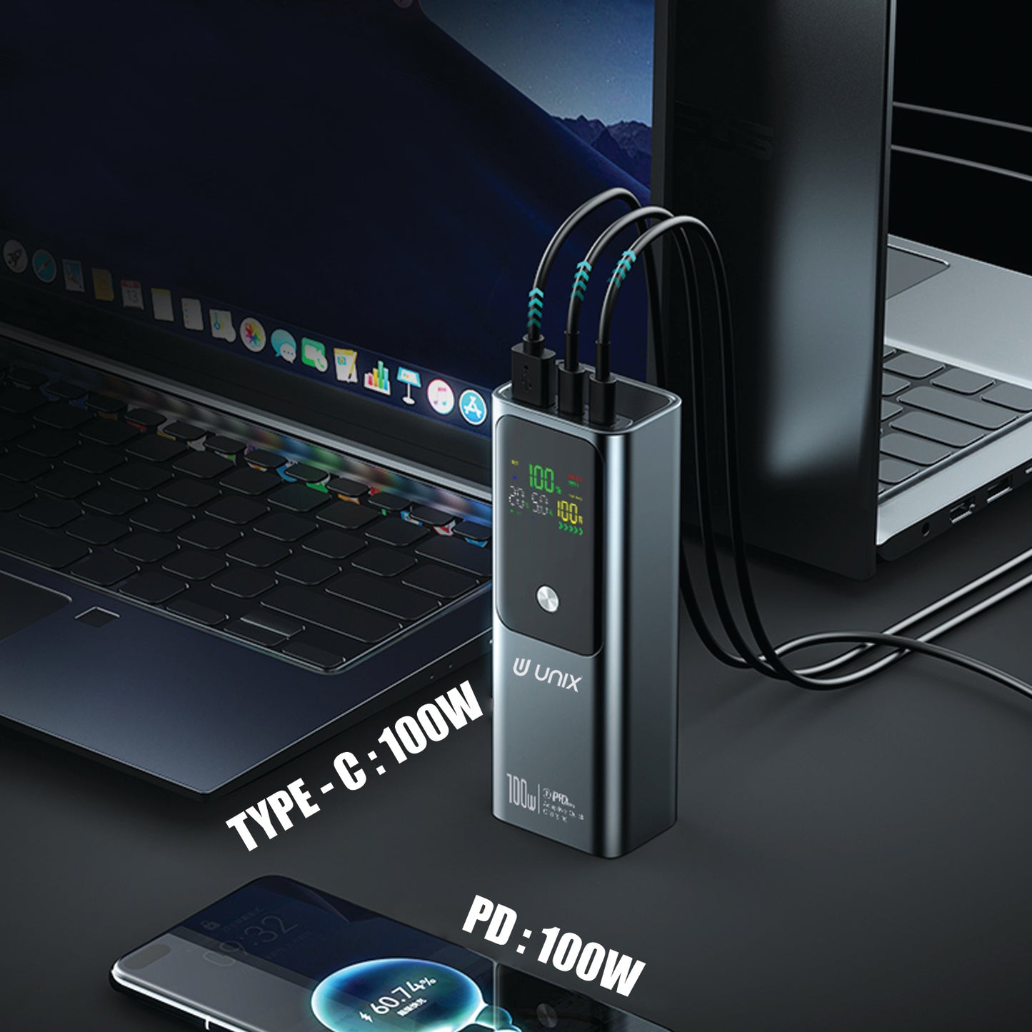 Versatile Ports äóñ Dual Type-C input/output and USB-A for multiple device charging.