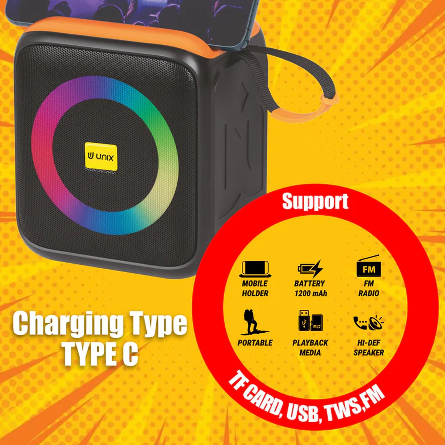 UNIX Kaboom XB-U66 Bluetooth Speaker – 8W Audio with Deep Bass, RGB Lights & Long Battery