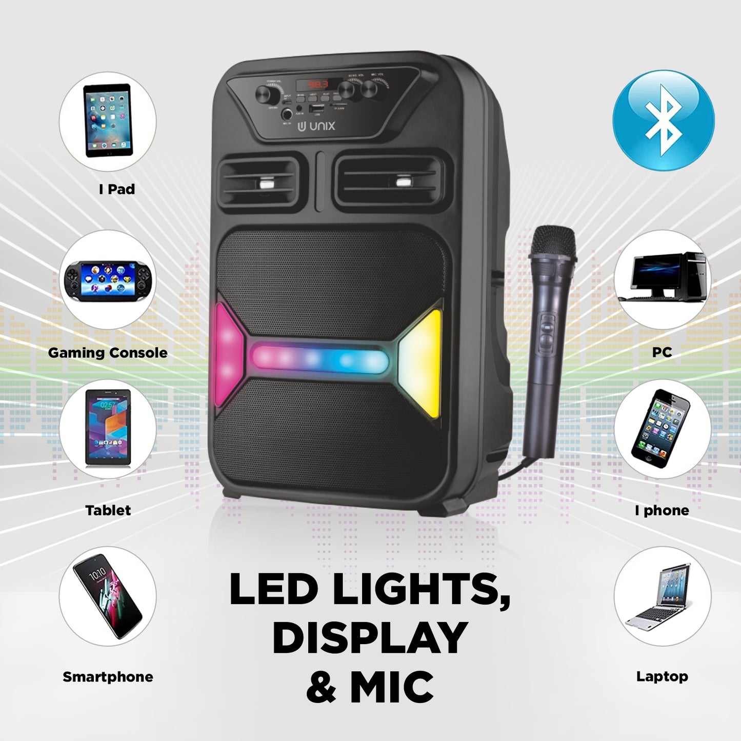 Unix Step Up 60W Wireless Party Speaker with Mic, RGB Lights, FM Radio & Deep Bass