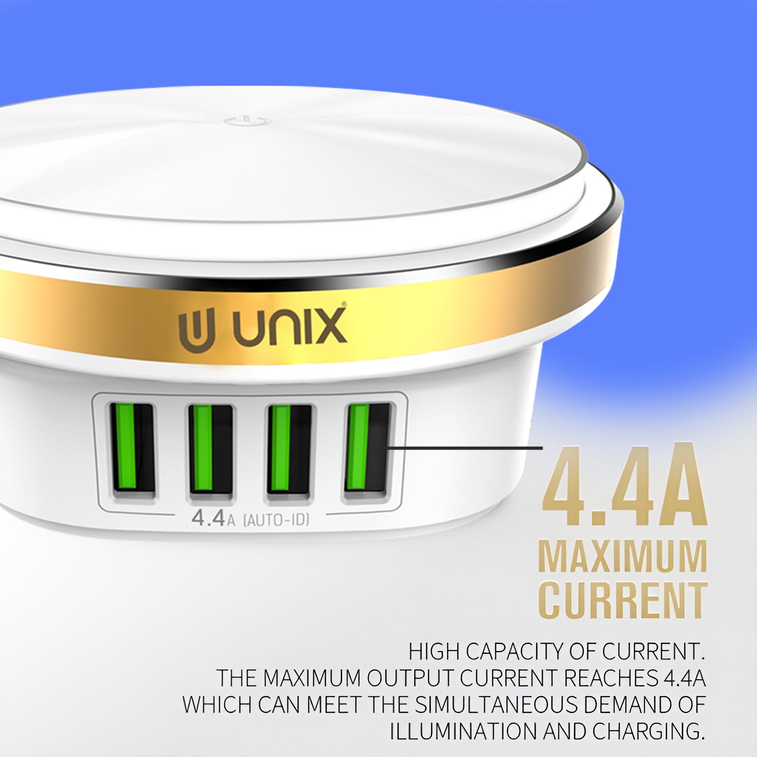 UNIX UX-211 | 4-Port USB Desktop Charger with LED Night Lamp – Quick Charge 4.4A | BIS Certified