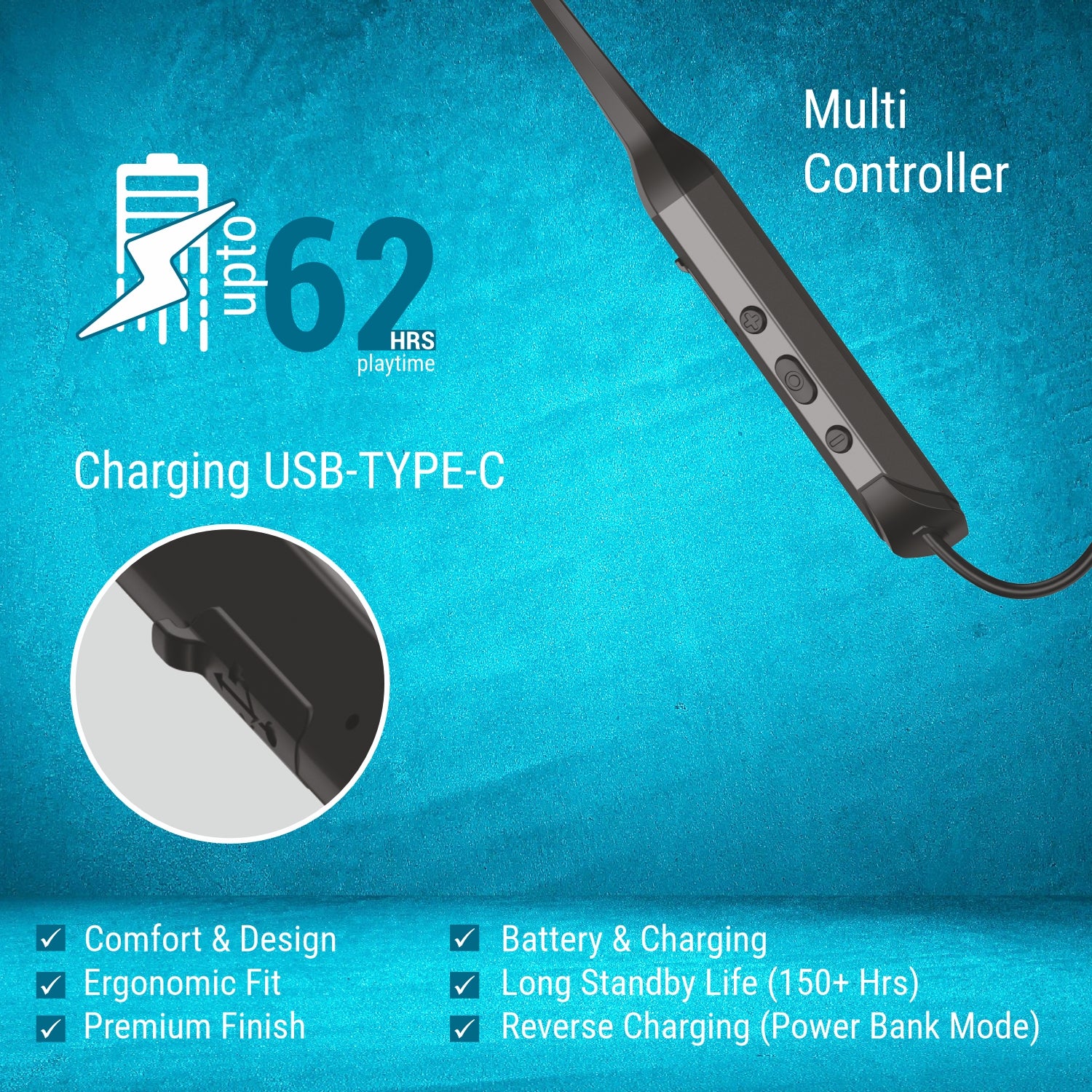 Unix Solo UX-900 PRO Bluetooth Neckband Voice Changer and 62Hr Playtime type c