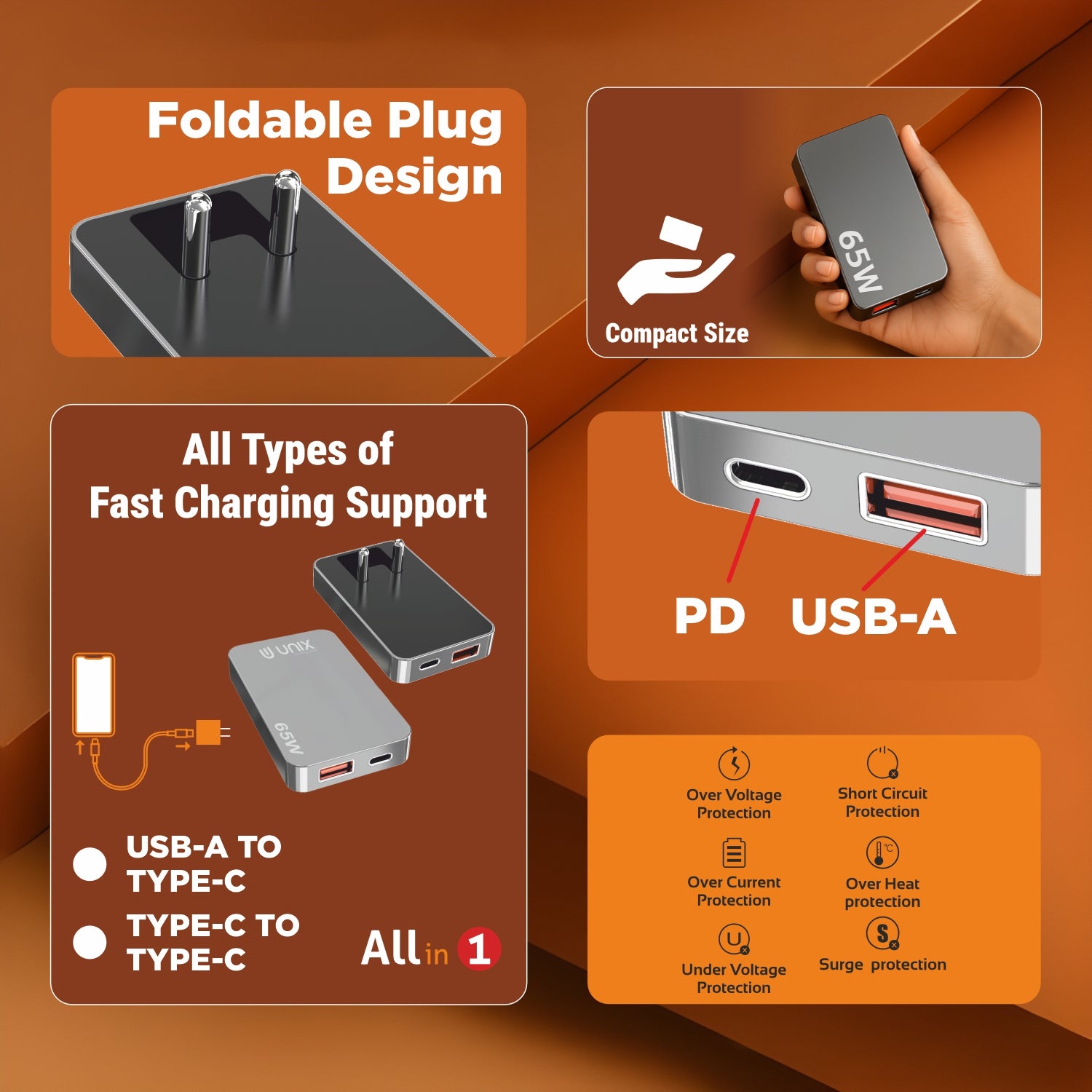 UNIX UX-228 – 65W Ultra Slim Fast Charger with Foldable Plug & Dual Port PD + USB-A