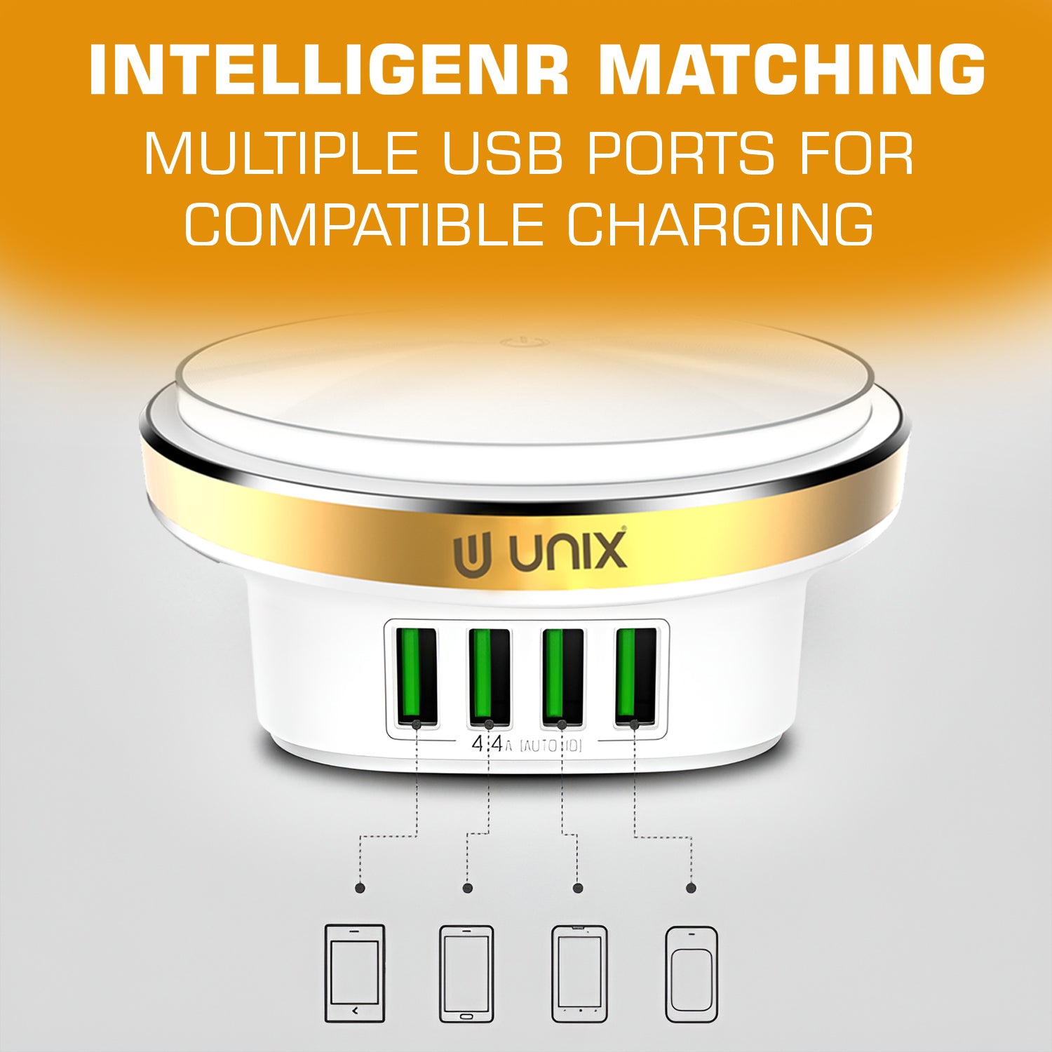 UNIX UX-211 | 4-Port USB Desktop Charger with LED Night Lamp – Quick Charge 4.4A | BIS Certified