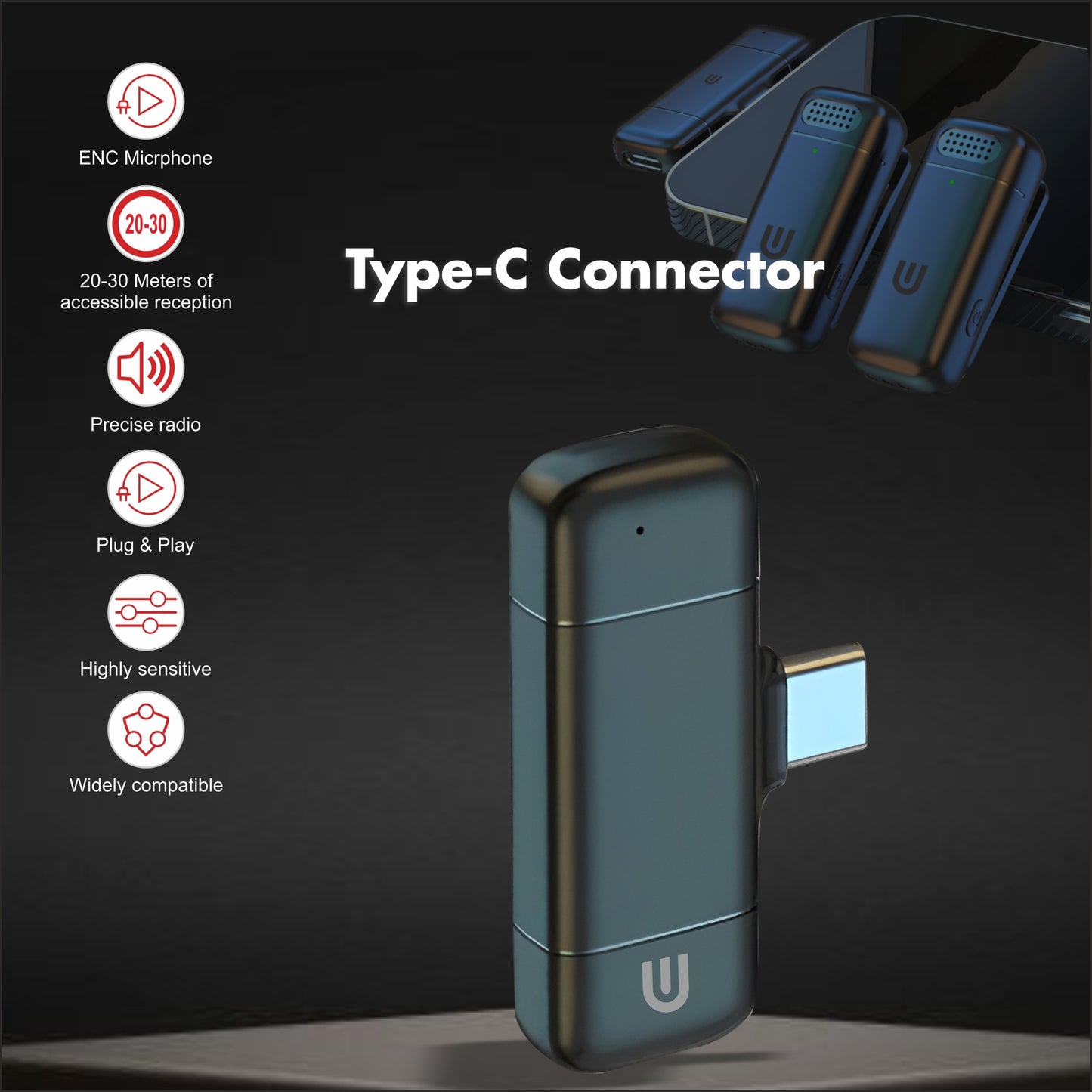 UNIX MC1 Wireless Dual Microphone Crystal-Clear Audio with 48H Battery