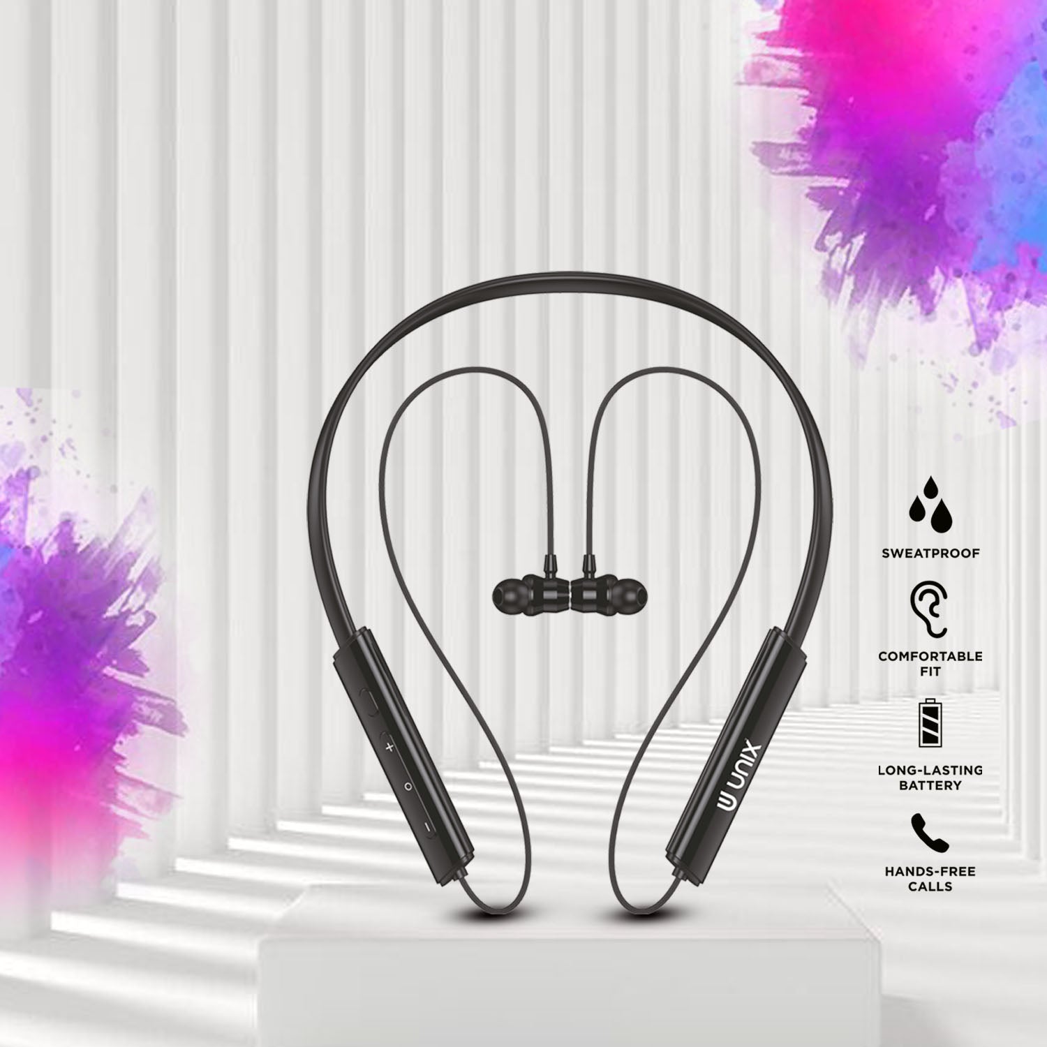 Unix Movie-It UX-W300 Bluetooth Neckband – 62 Hours Playtime, ENC, Super Bass