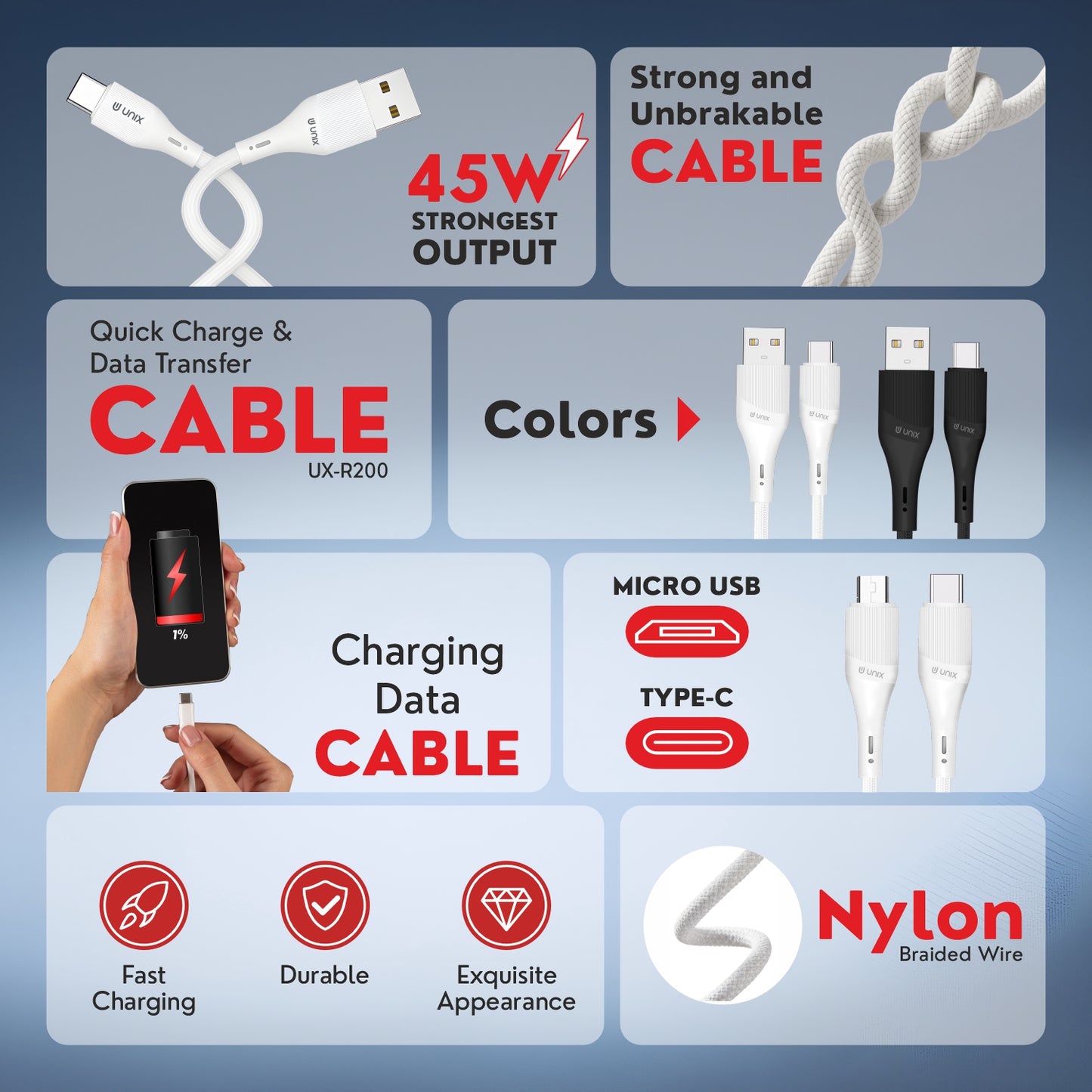 UNIX UX-R200 45W Fast Charging Nylon Cable