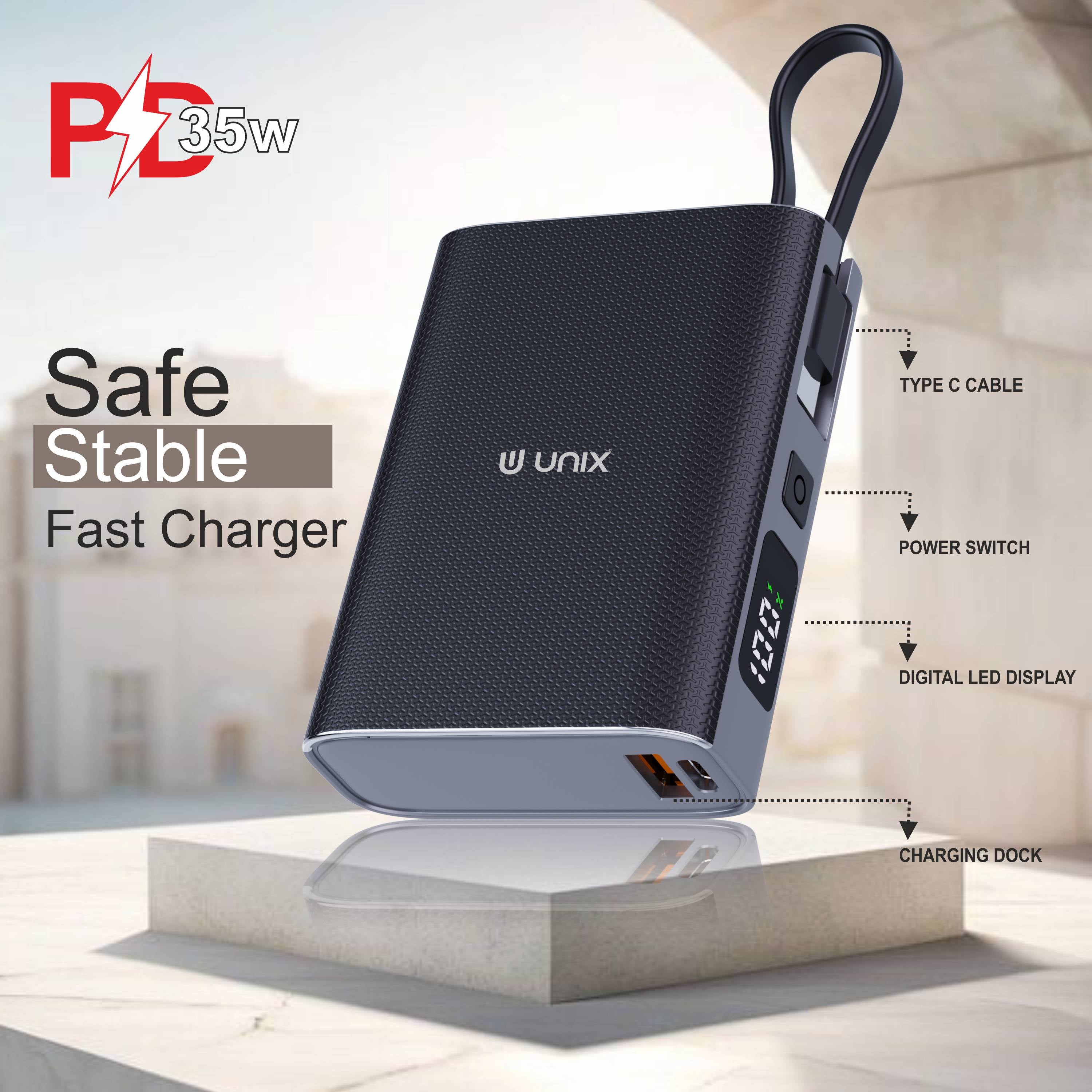 UNIX UX-1515 10000mAh Power Bank – Compact PD Fast Charging with Digital Display