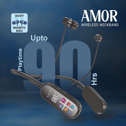 AMOR wireless neckband with digital display on a blue background