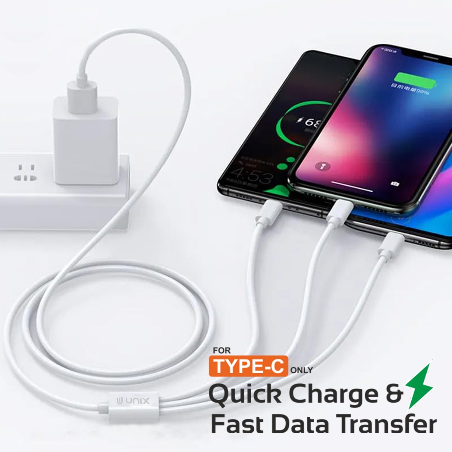 Unix UX-T22 3-in-1 Fast Charging Data Cable - Type-C, N70, Lightning - Unixindia.