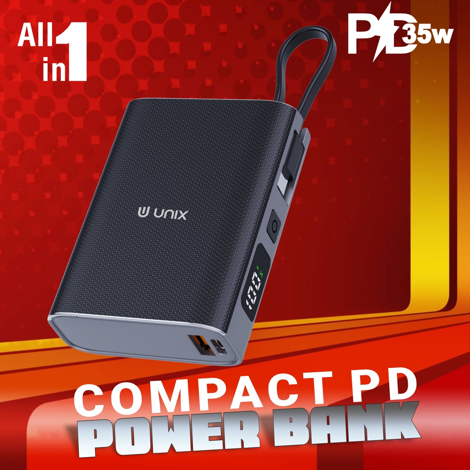 UNIX UX-1515 10000mAh Power Bank – Compact PD Fast Charging with Digital Display