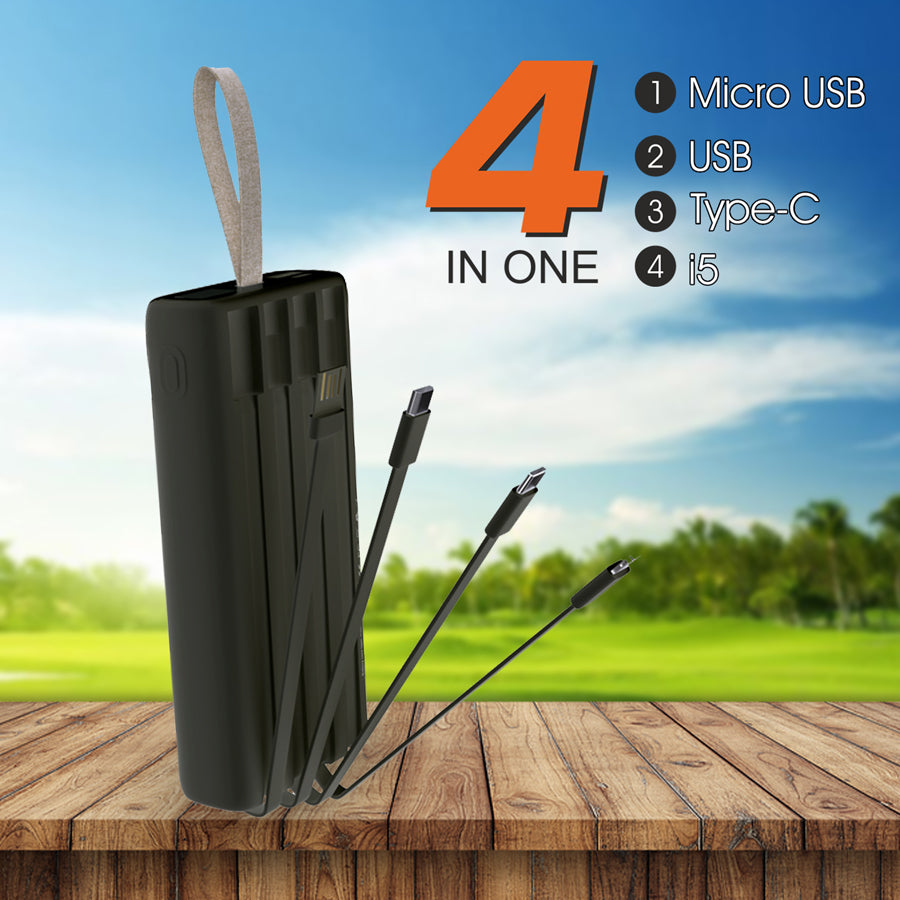 4-in-1 Multi-Input Support äóñ Inbuilt Micro USB, USB, Type-C, and i5 cables for versatile charging.