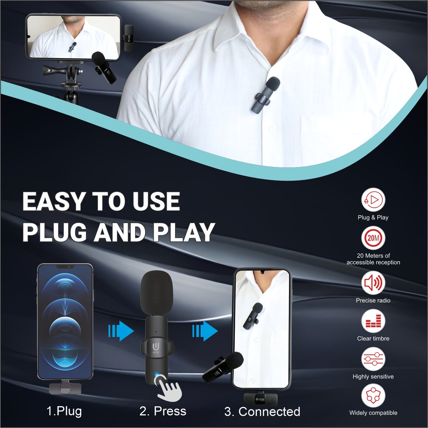 UNIX MC3 Wireless Dual Microphone äóñ Noise-Canceling, Plug & Play 