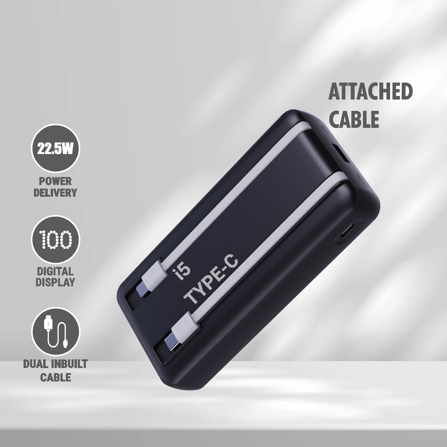 Built-In 2-in-1 Cables äóñ Type-C and Lightning connectors for cable-free convenience.