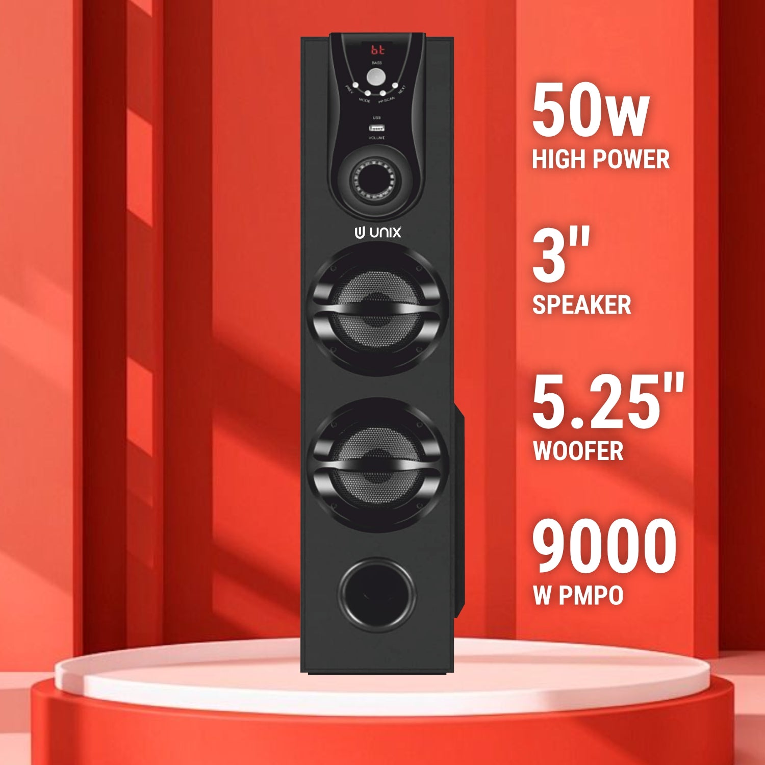 UNIX Boom 24 Sound Tower Speaker – 50W Power, Extra Bass Woofer, Multiple Connectivity & Remote - Unixindia.