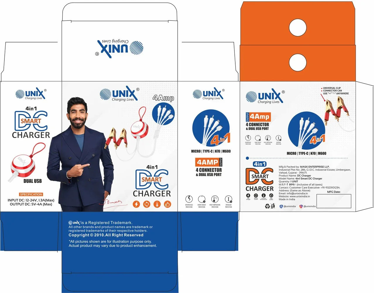 Unix 4 In 1 DC Smart Charger - Dual USB, 4AMP Output - Unixindia.