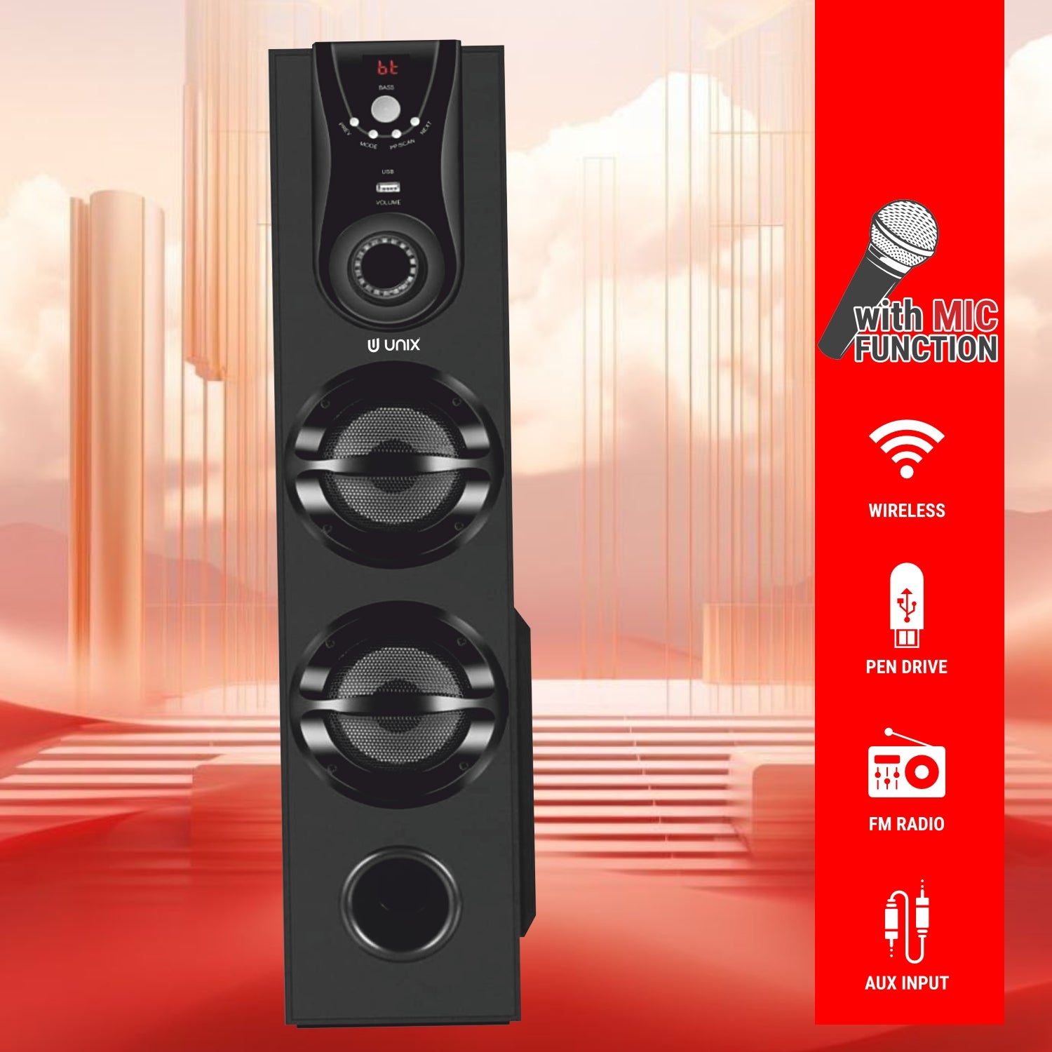 UNIX Boom 24 Sound Tower Speaker – 50W Power, Extra Bass Woofer, Multiple Connectivity & Remote - Unixindia.