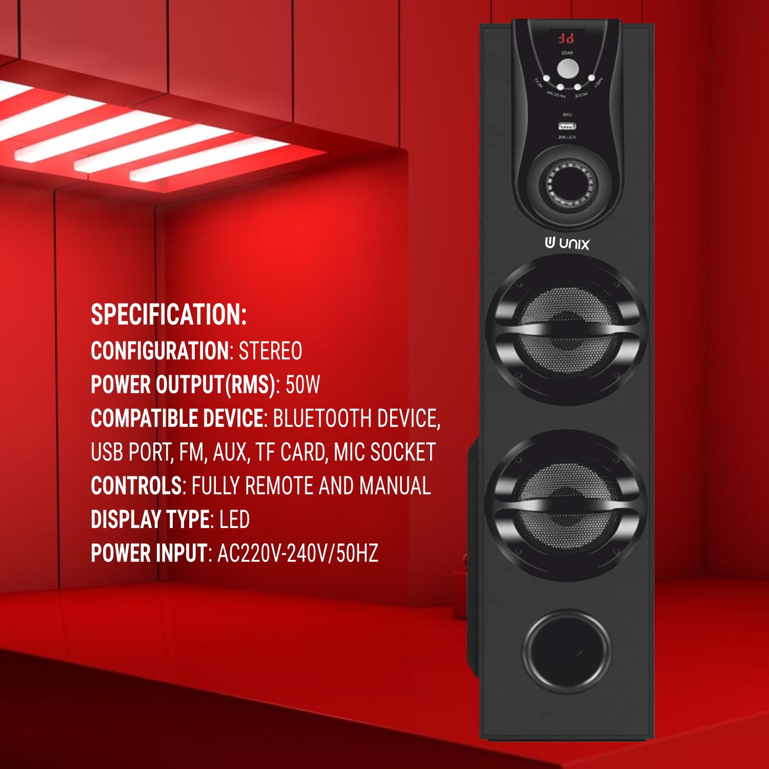 UNIX Boom 24 Sound Tower Speaker – 50W Power, Extra Bass Woofer, Multiple Connectivity & Remote - Unixindia.