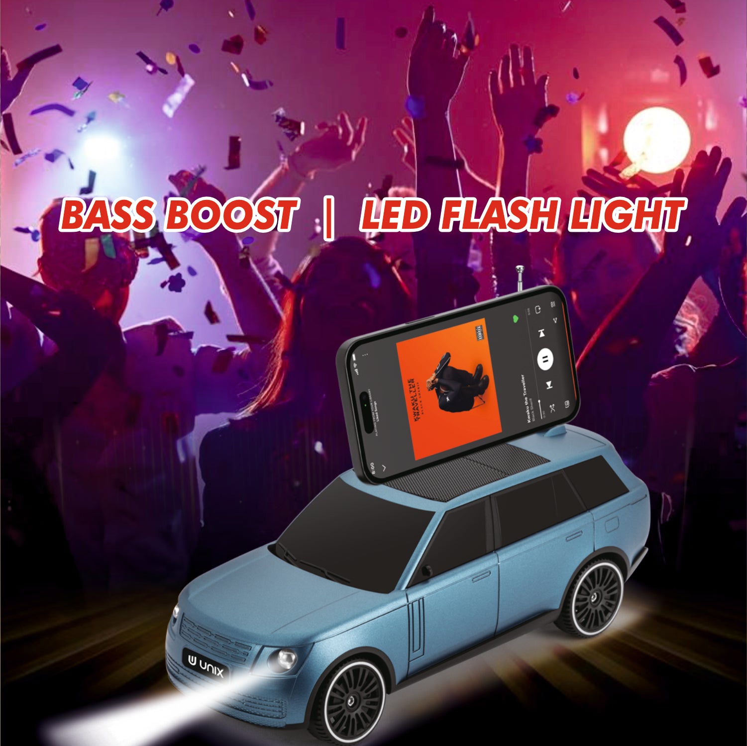 UNIX Discovery Bluetooth Speaker – 5W Stereo Sound, Car Toy Design with LED Lights & Subwoofer