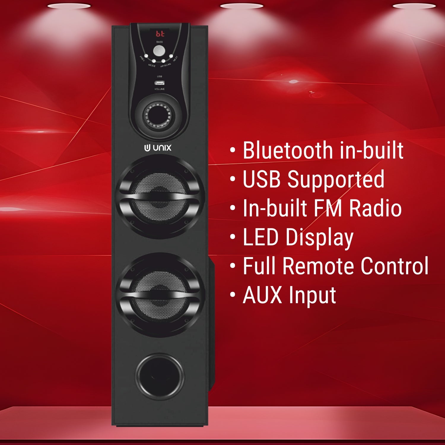 UNIX Boom 24 Sound Tower Speaker äóñ 50W Power, Extra Bass Woofer, Multiple Connectivity & Remote - Unixindia.