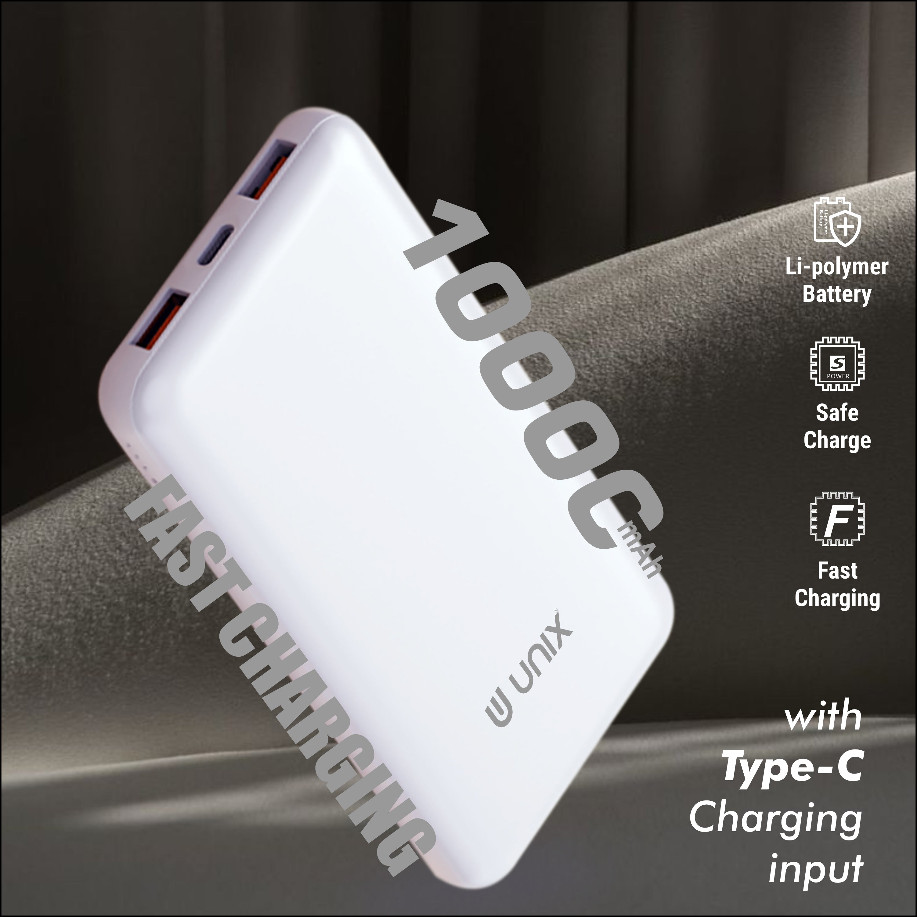 UNIX UX-1529 10000mAh Power Bank – Dual USB Output, Slim Polymer Design & LED Indicator