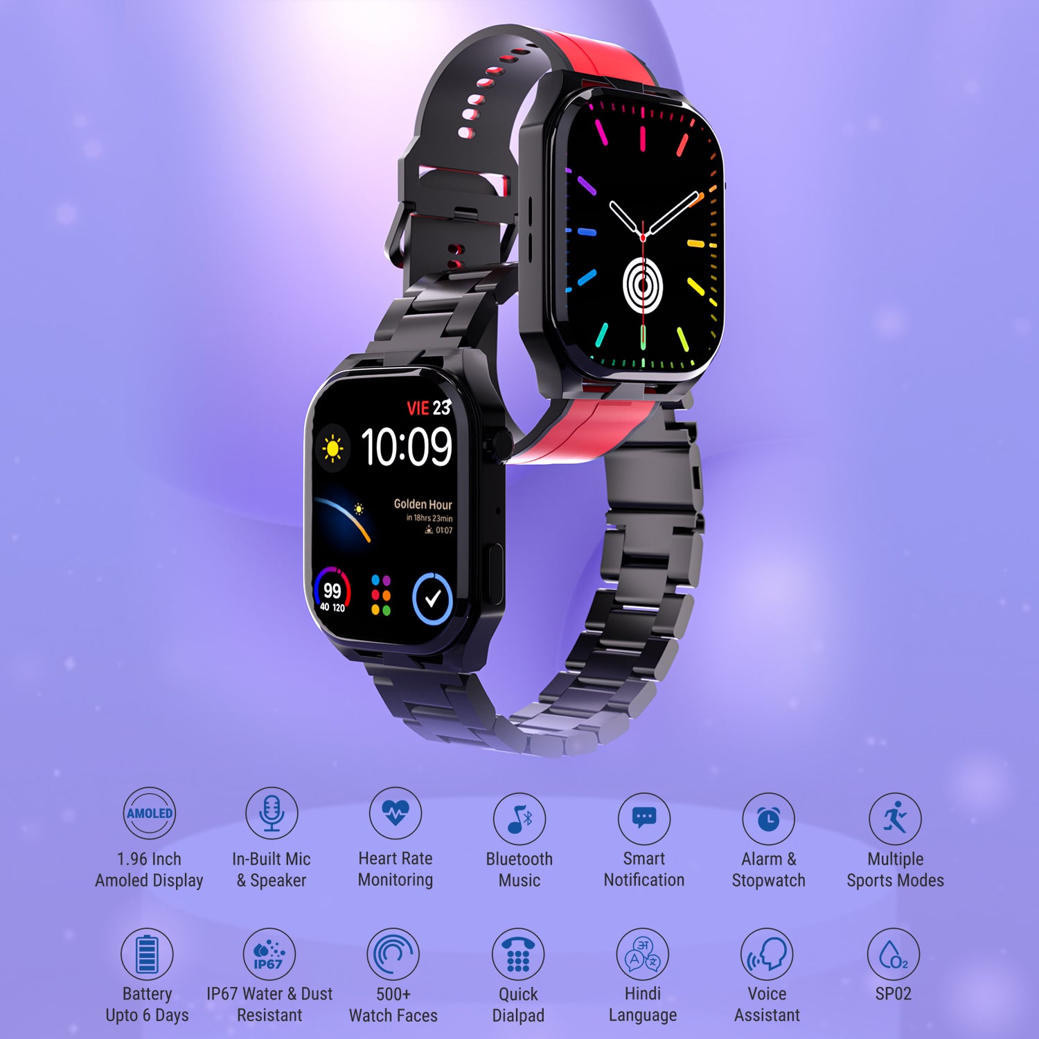 Unix USW-4 Ember Bluetooth Calling Smartwatch | 1.96" AMOLED Display, IP67 Waterproof, 6-Day Battery - Unixindia.