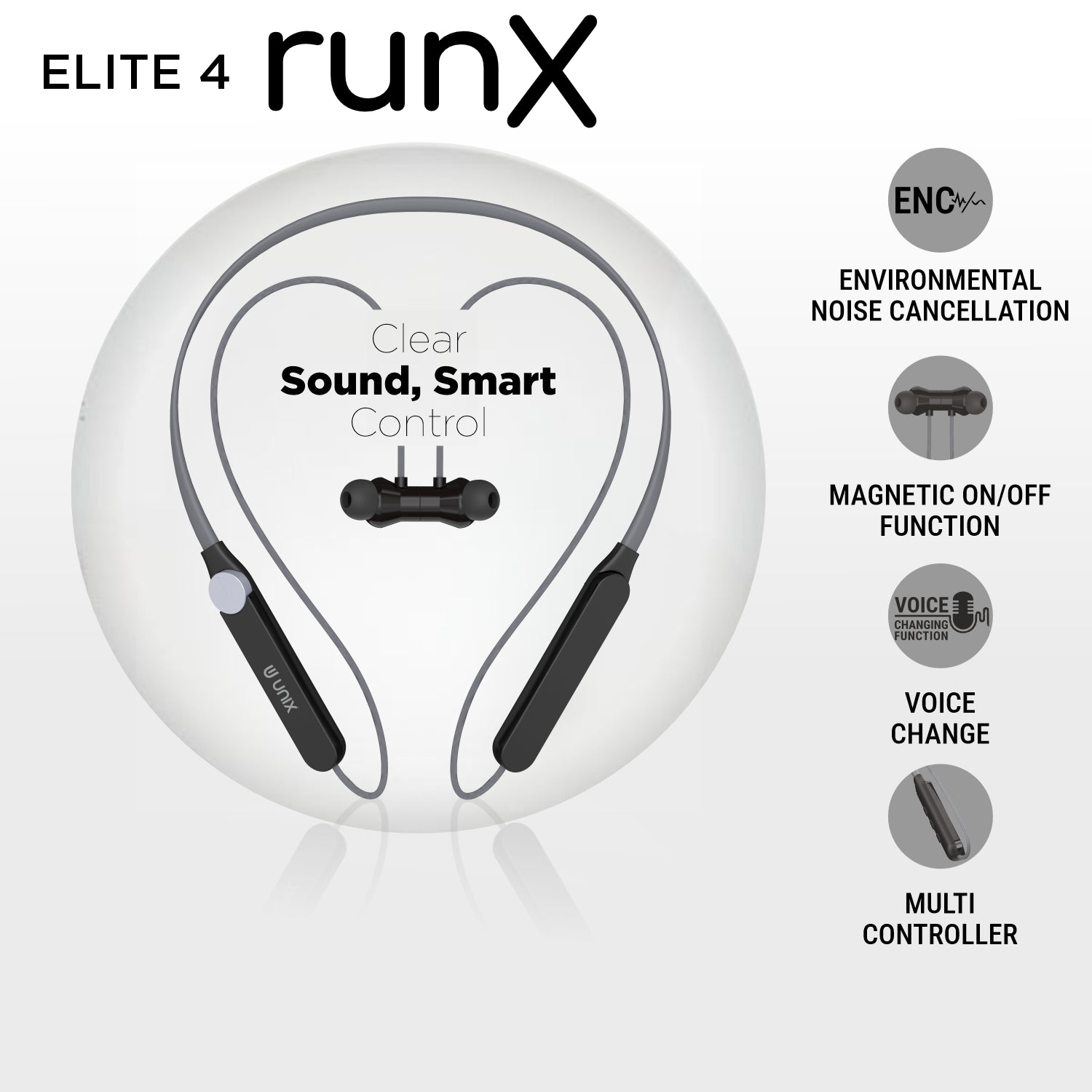 Unix Elite 4 Runx Wireless Neckband – 54H Playtime, ENC, Magnetic On/off