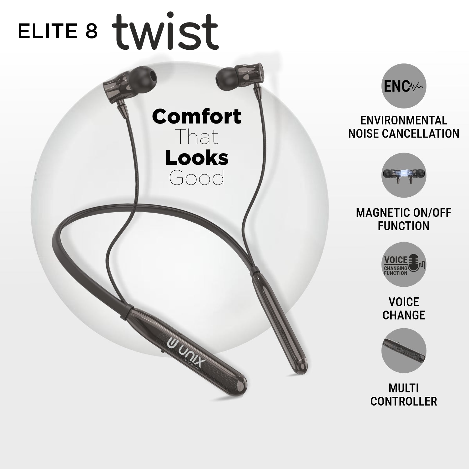 UNIX Elite 8 Twist Neckband with 68H Playtime Bass Equalizer