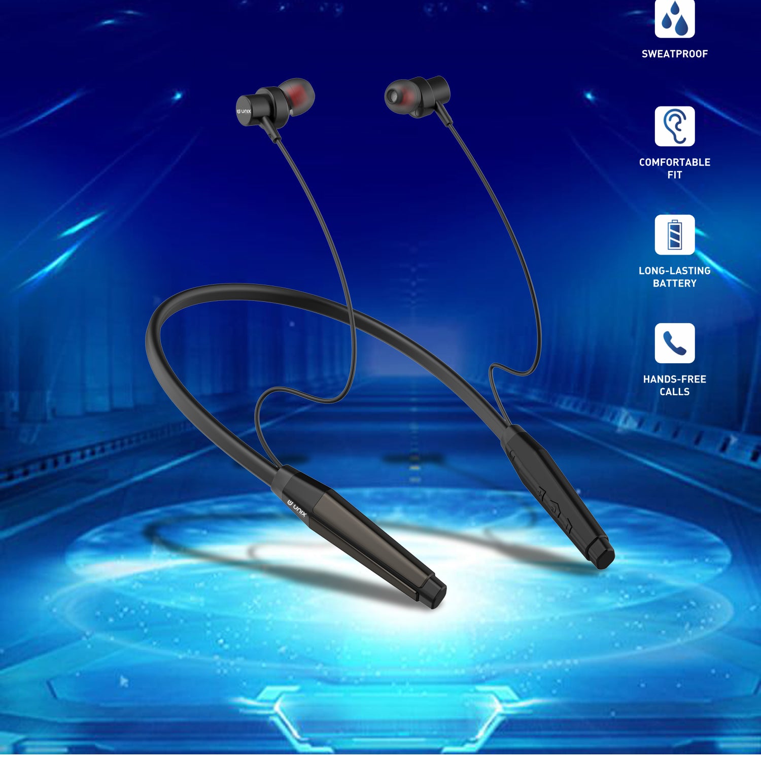 Unix HP-40 Sapphire Wireless Neckband - Long Battery Life, HD Sound, Magnetic Control - Unixindia.