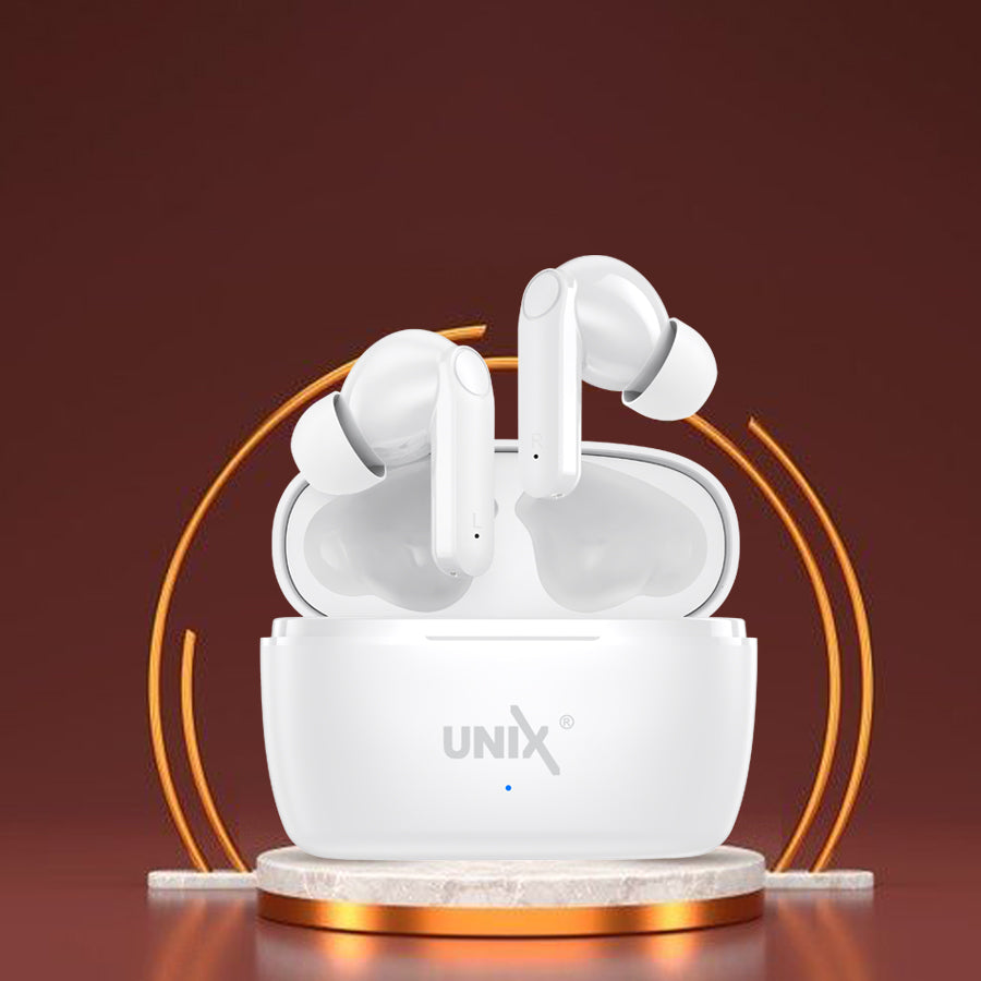 Unix UX-HP70 Fire Wireless Earbuds - Superior Sound and Advanced Control White front
