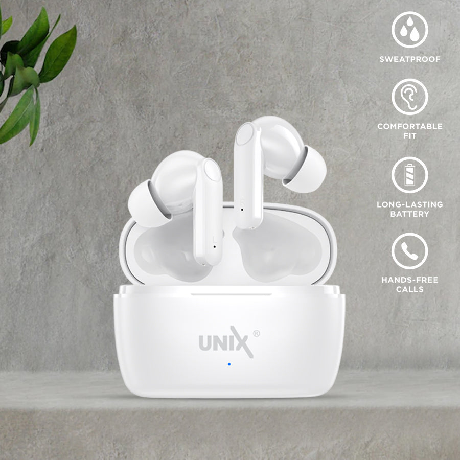 Unix UX-HP70 Fire Wireless Earbuds - Superior Sound and Advanced Control White design