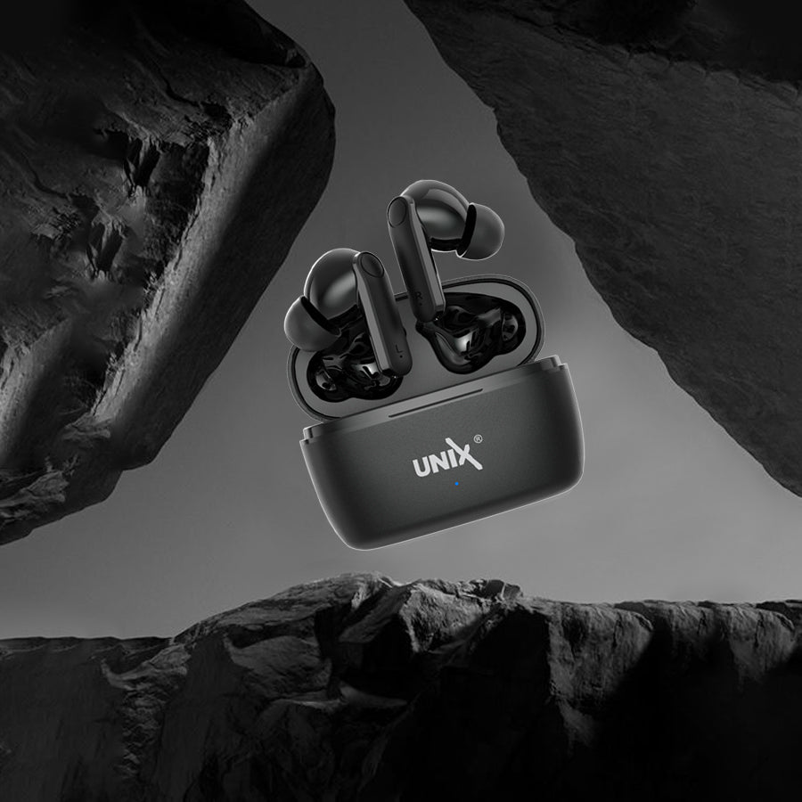 Unix UX-HP70 Fire Wireless Earbuds - Superior Sound and Advanced Control Black background