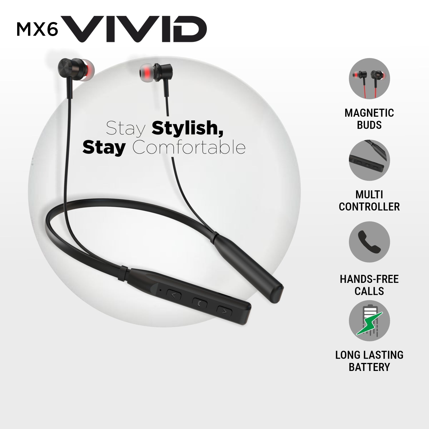 Unix Vivid MX6 Bluetooth Neckband – HD Stereo Sound, Up to 22 Hours 