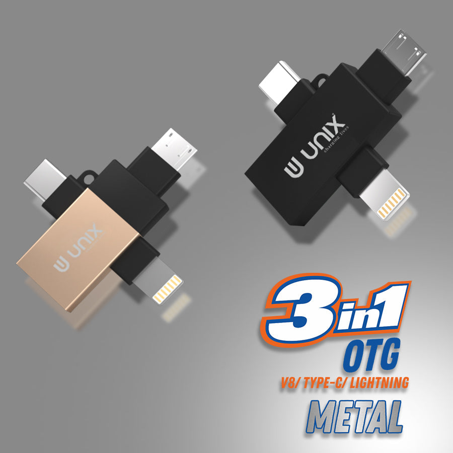 Unix UX-OT99 3 in 1 Metal OTG - Connect V8, Type-C, and Lightning - Unixindia.