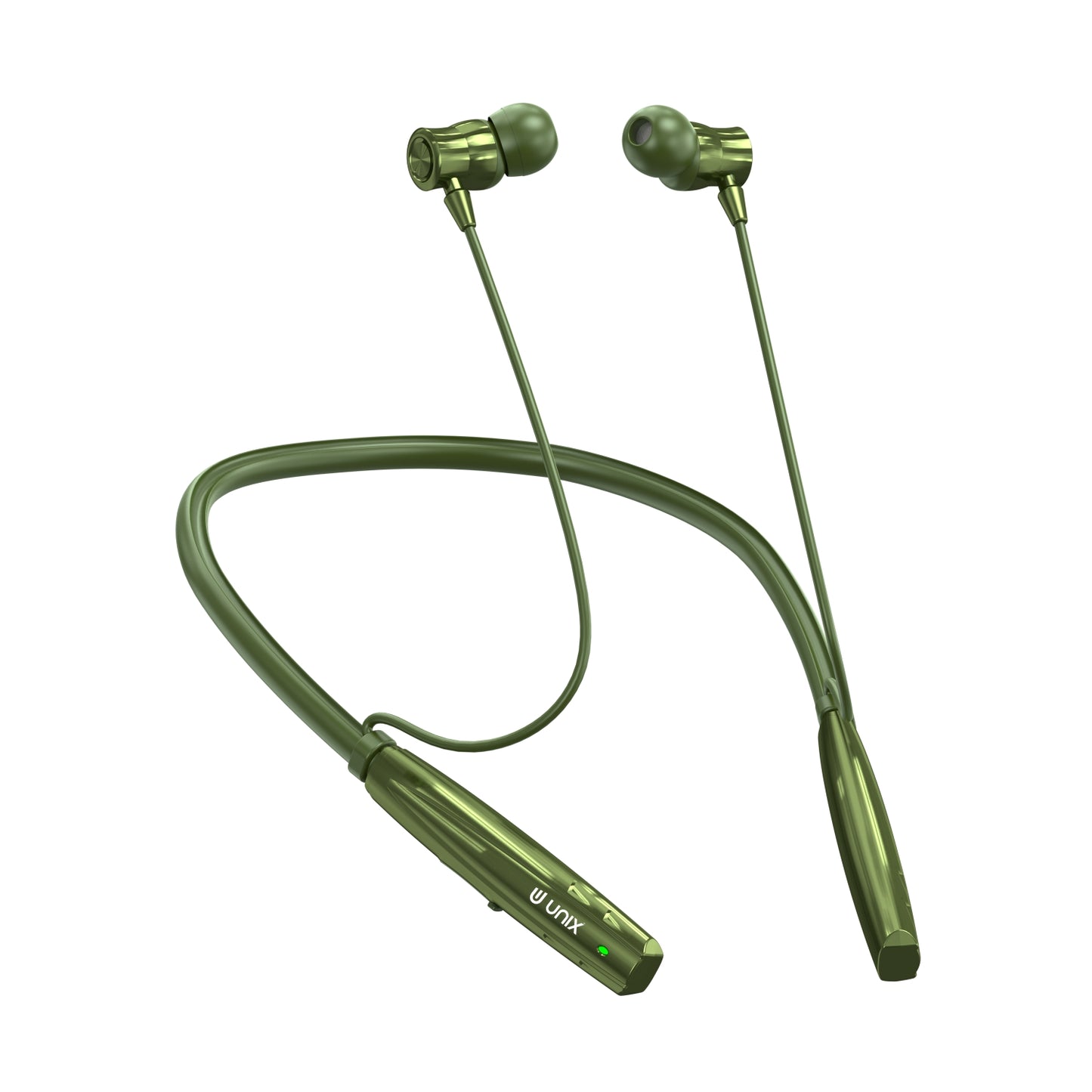 Green wireless earbuds with neckband 