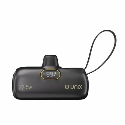 Black power bank with digital display and 'UNIX' branding on a white background