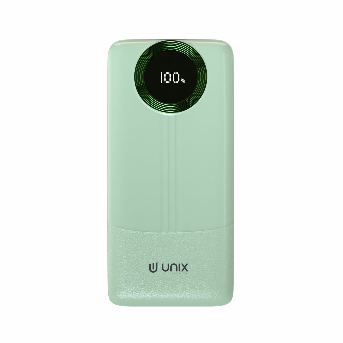 Green power bank with digital display on a white background