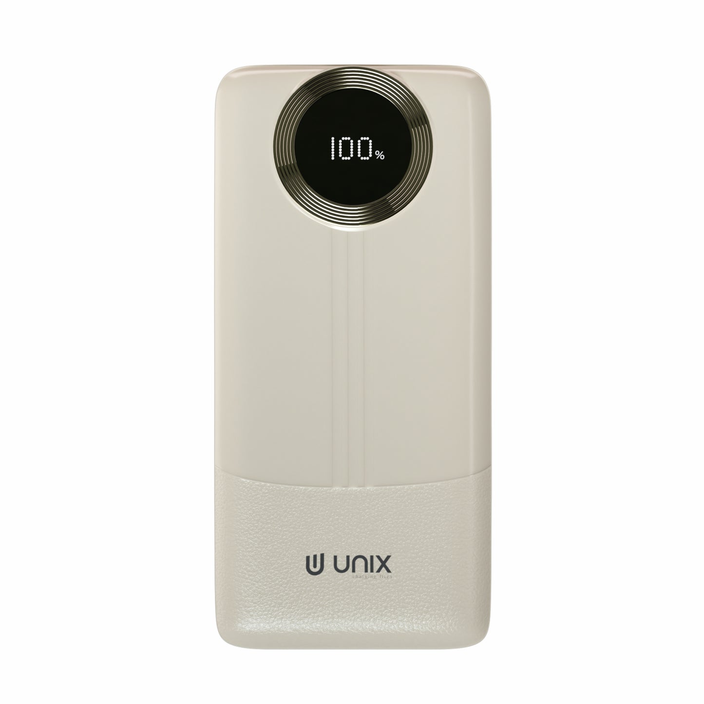 Beige power bank with digital display and 'UNIX' branding on a white background