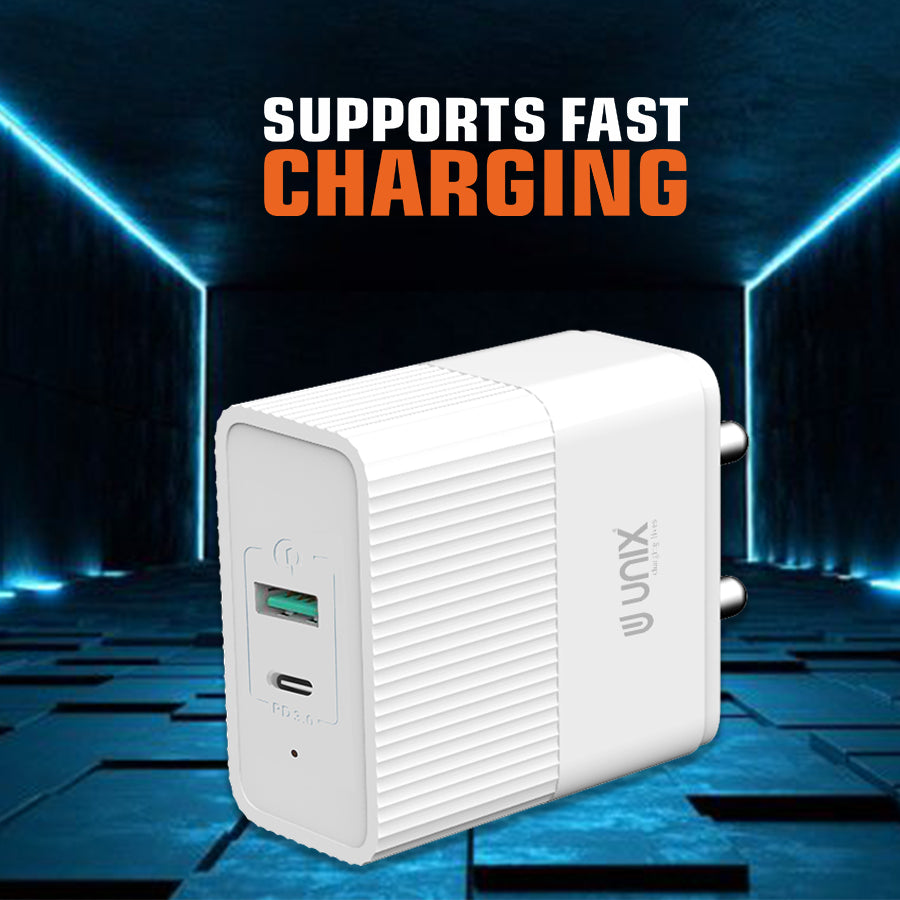 Unix UX-113 PD 20W Power Adapter with Quick Data Cable Dual USB Ports & Fast Charging Support