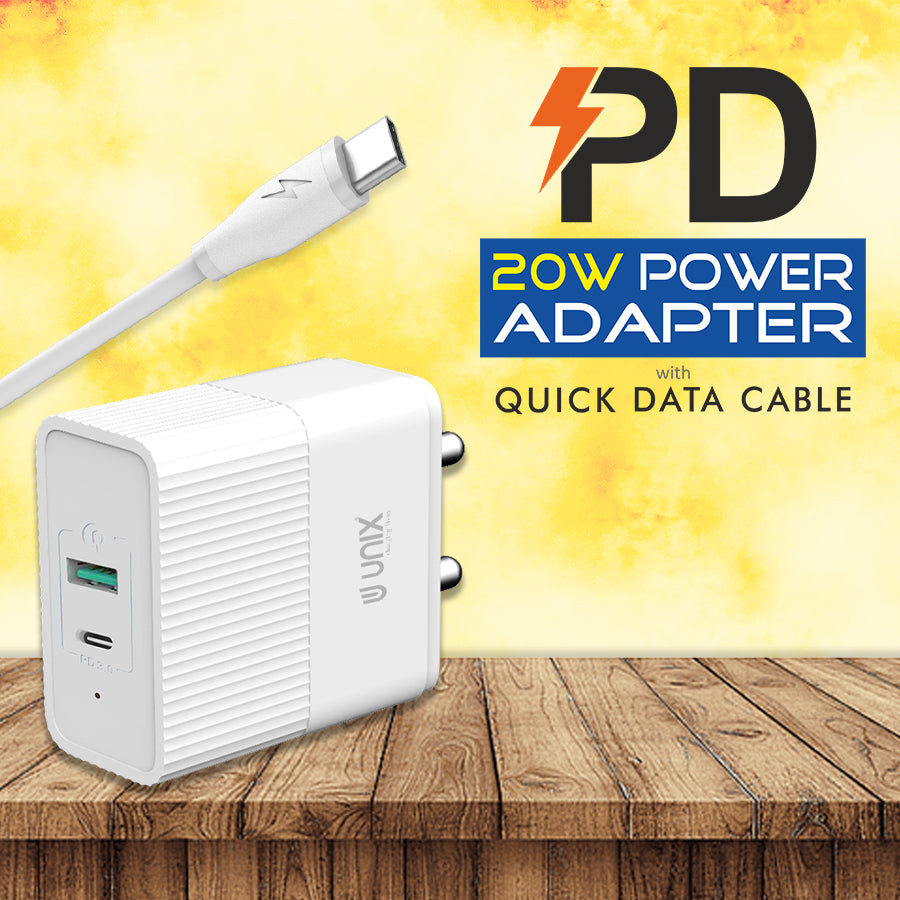 Unix UX-113 PD 20W Power Adapter with Quick Data Cable Dual USB Ports & Fast Charging Support