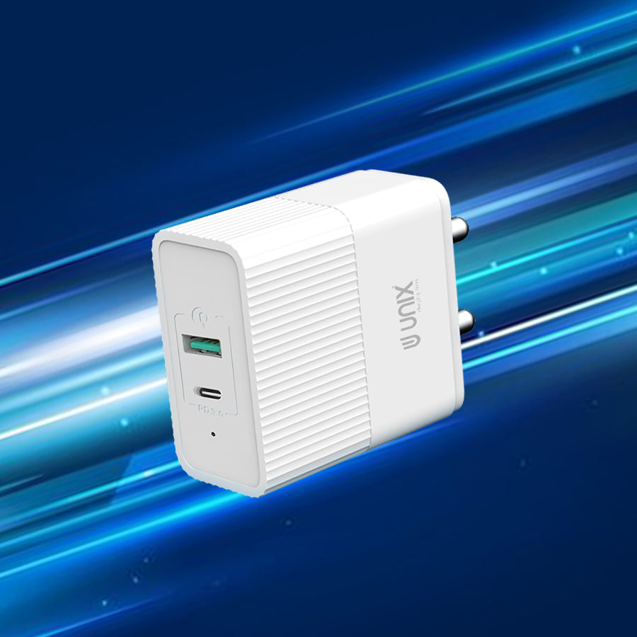 Unix UX-113 PD 20W Power Adapter with Quick Data Cable Dual USB Ports & Fast Charging Support