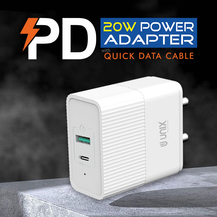 Unix UX-113 PD 20W Power Adapter with Quick Data Cable Dual USB Ports & Fast Charging Support