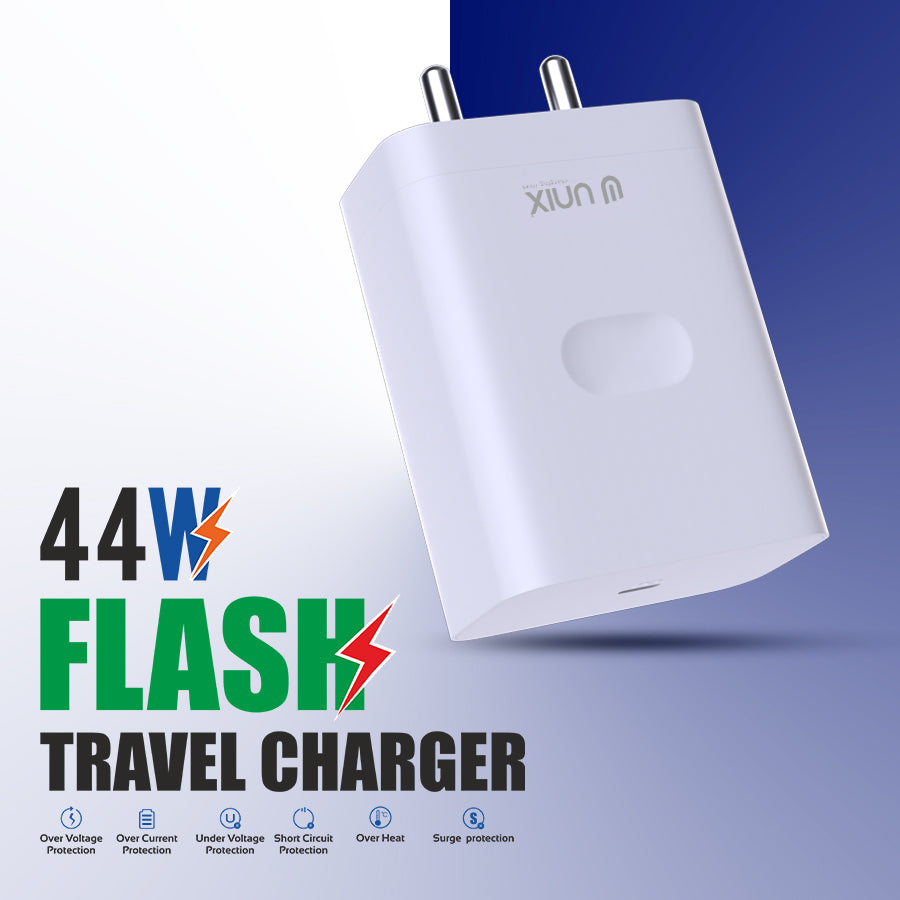 Unix UX-124 44W Flash Travel Charger - Rapid Charging and Intelligent Safety - Unixindia.