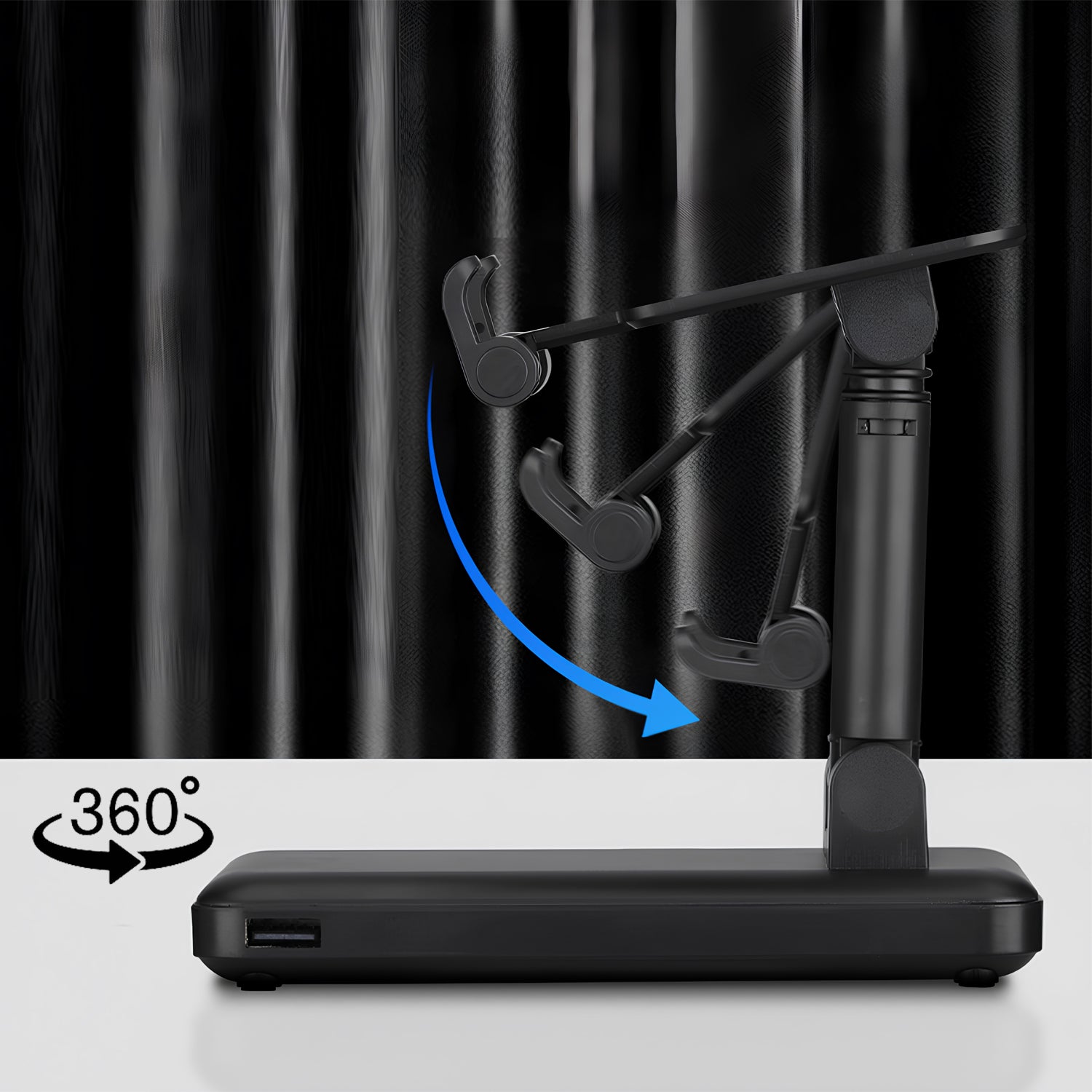 Black adjustable microphone stand with 360-degree rotation feature on a white background.