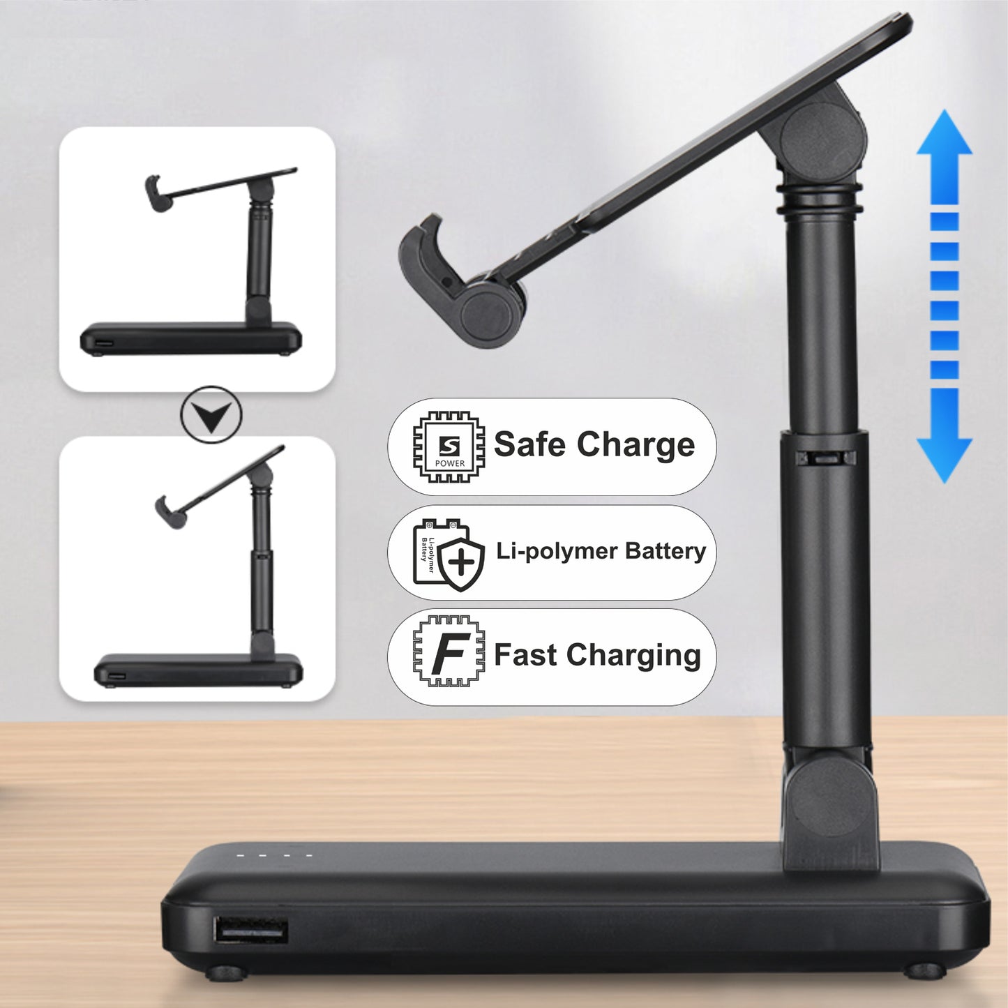 Black adjustable stand with tablet holder on a wooden surface, featuring safety and charging indicators.