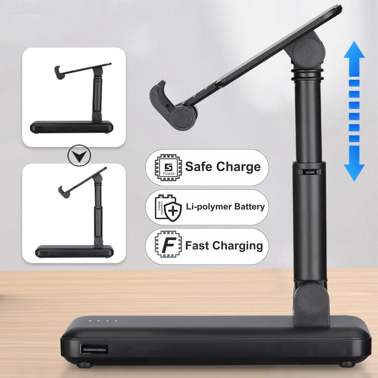 Black adjustable stand with tablet holder on a wooden surface, featuring safety and charging indicators.